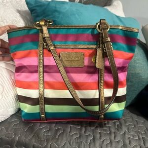 Coach Pink and Orange Tote Bag Vibrant Striped Design